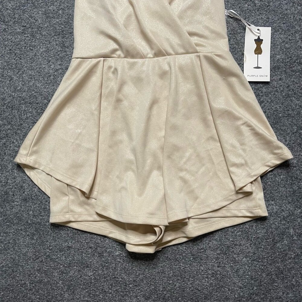 Purple Snow Womens Romper Solid Beige Surplice Neck Sleeveless Open Back S New - Picture 5 of 10